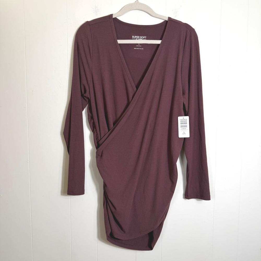 Torrid Super Soft Ribbed Surplice Long Sleeve Top Sassafras Purple Size 1X New